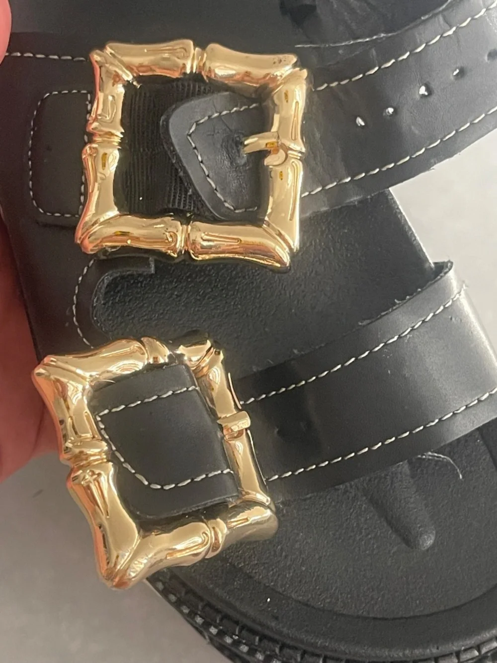 Indigo Rd. Women’s 5.5 Black Double Buckle Slide Sandals Gold Tone Metal